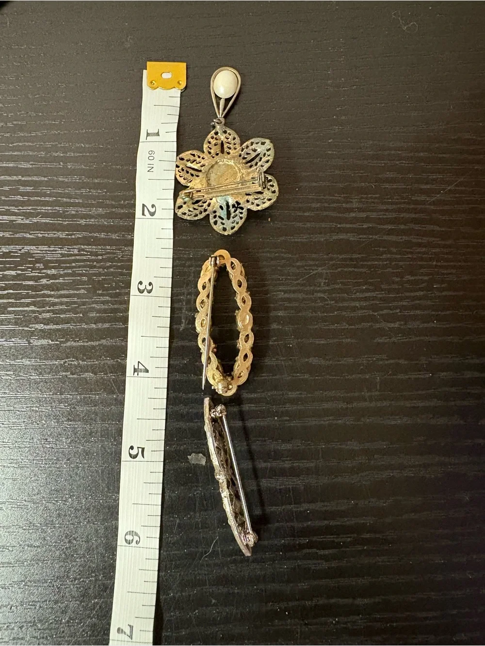 Ornate Brooch Pin Lot Faux Pearl Black Cabochon Floral Filigree
